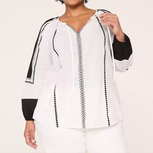 Lane Bryant Embroidered 3/4-Sleeve Split-Neck Popover Blouse Sz 22/24 White EUC